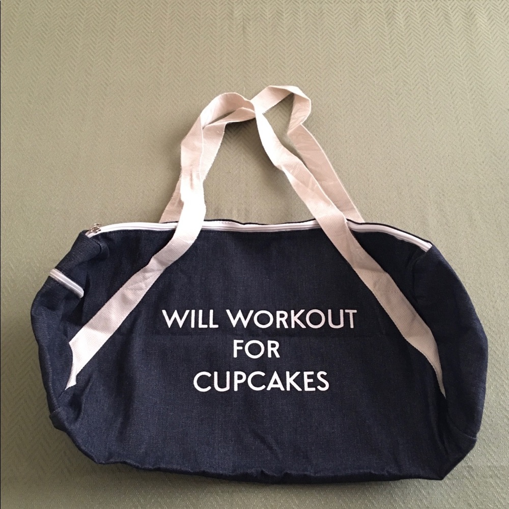 Denim Duffel Bag “Will Workout For Cupcakes”